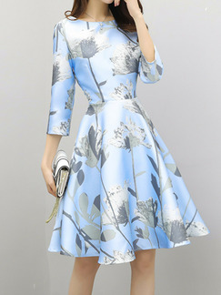 Light Blue Colorful Slim A-Line Printed Above Knee Fit & Flare Plus Size Dress for Party Evening Nightclub