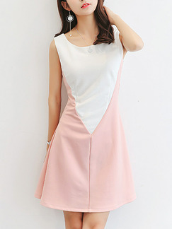 White and Pink Slim Contrast Linking Above Knee Plus Size Dress for Casual Party