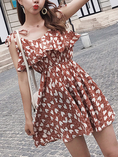 Brown Colorful Slim Printed Off-Shoulder Above Knee Fit & Flare Slip Plus Size Dress for Casual Party