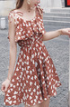 Brown Colorful Slim Printed Off-Shoulder Above Knee Fit & Flare Slip Plus Size Dress for Casual Party