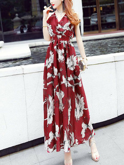 Red Colorful Slim Printed Open Back Maxi V Neck Dress for Casual Party Evening