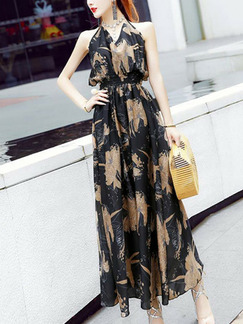 Black Colorful Slim Printed Open Back Maxi V Neck Dress for Casual Party Evening