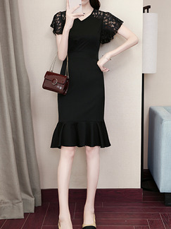 Black Bodycon Fishtail Over-Hip Knee Length Plus Size Lace V Neck Dress for Casual Office Party