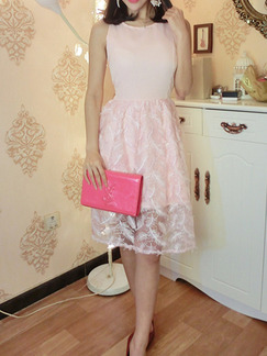 Pink Slim Linking Mesh Knee Length Fit & Flare Cute Dress for Party Evening Prom