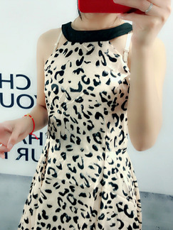 Leopard Slim Open Back Above Knee Halter Dress for Casual Party Nightclub