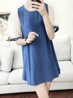 White and Navy Blue Loose Contrast Bubble Above Knee Shift Dress for Casual Party