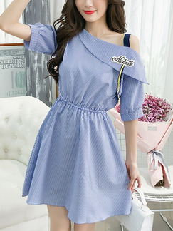 Blue Slim Stripe Inclined-Shoulder Above Knee Fit & Flare Dress for Casual Party