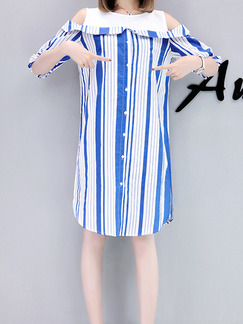Blue and White Loose Contrast Stripe Knee Length Shift Dress for Casual Party