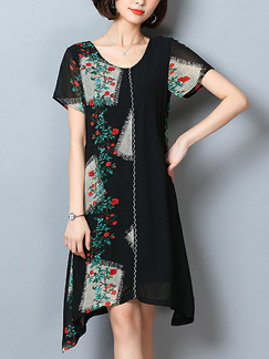 Black Colorful Loose Located Printing Knee Length Shift Dress for Casual Party
