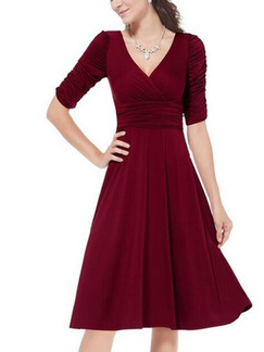 Wine Red Slim Pleated Midi V Neck Fit & Flare Plus Size Dress for Casual Party Evening
