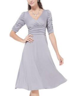Sliver Gray Slim Pleated Midi V Neck Fit & Flare Plus Size Dress for Casual Party Evening