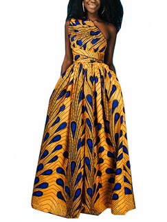 Yellow and Royal Blue Slim A-Line Printed Maxi One Shoulder Plus Size Dress for Ball Cocktail Prom