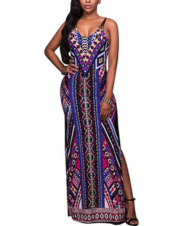 Colorful Slim Printed Furcal Maxi Slip Bodycon Dress for Evening Cocktail Prom Ball