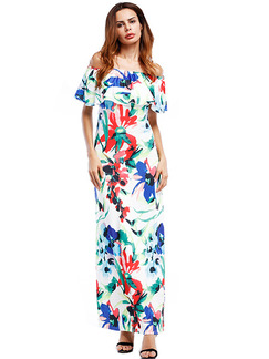 Colorful Slim Printed Ruffle Maxi Floral Plus Size Off Shoulder Dress for Cocktail Prom Ball