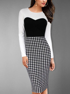 Black and White Slim Linking Grid Knee Length Long Sleeve Bodycon Dress for Evening Cocktail Office