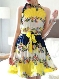 Colorful Loose Printed Band Above Knee Halter Fit & Flare Dress for Party Nightclub Casual