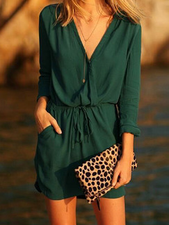 Dark Green Loose Band Above Knee V Neck Wrap Long Sleeve Dress for Casual Party