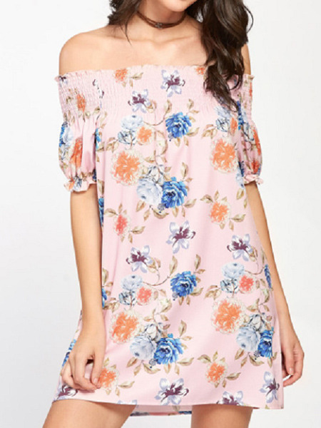 Pink Colorful Loose Printed Off-Shoulder Above Knee Shift Tube Plus Size Floral Dress for Casual Party