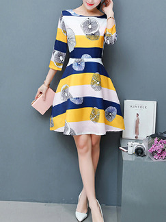 Colorful Slim A-Line Printed Above Knee Plus Size Fit & Flare Dress for Casual Party