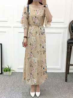 Colorful Slim Printed Ruffle Sleeve Maxi Floral Dress for Casual Party