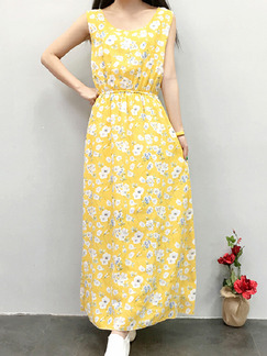 Yellow Colorful Slim Printed Maxi Floral Dress for Casual