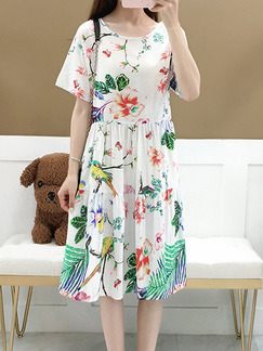 White Colorful Loose Printed Knee Length Shift Floral Dress for Casual Party