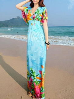 Blue Colorful Slim Printed Maxi Floral V Neck Dress for Casual Beach