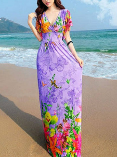 Purple Colorful Slim Printed Maxi Floral V Neck Dress for Casual Beach