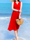 Red Slim Chiffon Midi Plus Size V Neck Dress for Casual Beach