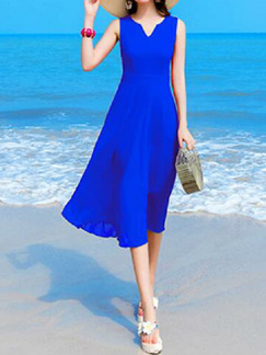 Royal Blue Slim Chiffon Midi Plus Size V Neck Dress for Casual Beach