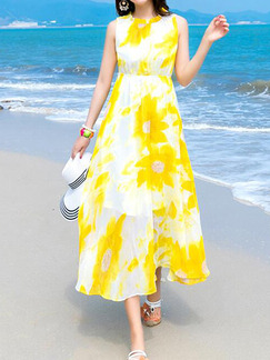 Yellow and White Slim A-Line Printed Maxi Floral Dress for Casual Beach