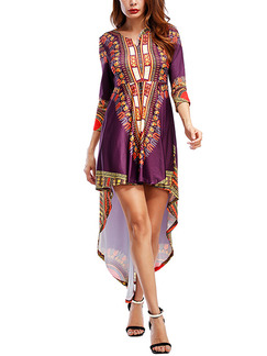 Purple Colorful Loose Printed Asymmetrical Hem Above Knee Plus Size Dress for Party Evening Cocktail