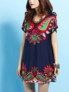 Red Blue Colorful Loose Located Printing Above Knee Shift Dress for Casual Party