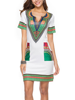 White Colorful Bodycon Printed Over-Hip Above Knee Plus Size Dress for Casual Party Evening