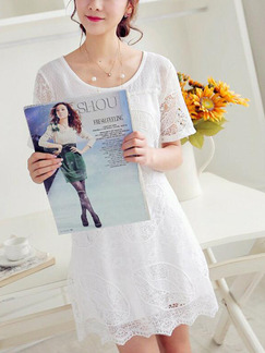 White Slim Lace See-Through Above Knee Shift Dress for Casual Party