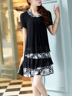 Black Loose Linking Printed Above Knee Shift Plus Size Dress for Casual Party