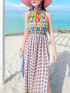 Colorful Slim Printed Furcal Maxi Halter Dress for Casual Beach