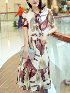 Beige and Red Slim Printed Band Midi Dress for Casual Party Office