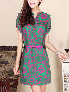 Green and Rose-Carmine Loose Printed Above Knee Dress for Casual Office Party