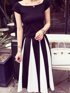 Black and White Slim Stripe Two-Piece Midi Plus Size Dress for Casual Party Office Evening