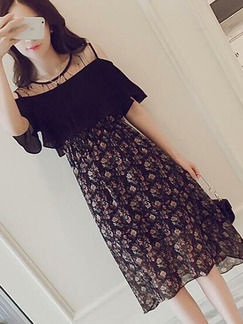 Black Loose Floral Off-Shoulder Midi Plus Size Dress for Casual Party Office