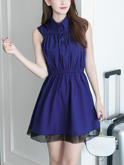 Navy Blue Slim Adjustable Waist Above Knee Fit & Flare Dress for Casual Party