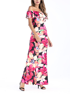 Colorful Slim Ruffle Off-Shoulder Maxi Floral Dress for Casual Beach