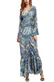 Blue Colorful Slim Printed Fishtail Maxi V Neck Long Sleeve Dress for Cocktail Party