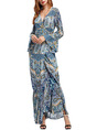 Blue Colorful Slim Printed Fishtail Maxi V Neck Long Sleeve Dress for Cocktail Party