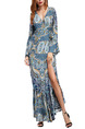 Blue Colorful Slim Printed Fishtail Maxi V Neck Long Sleeve Dress for Cocktail Party