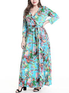 Colorful Loose Printed Band Maxi V Neck Long Sleeve Dress for Casual