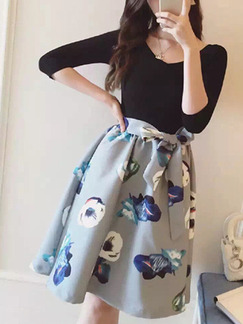 Black Grey Colorful Slim Printed A-Line Two-Piece Knee Length Floral Dress for Casual Party