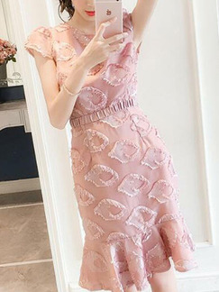Pink Slim Mesh Fishtail Midi Sheath Dress for Casual Office Party