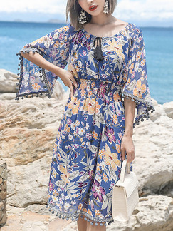 Navy Blue Colorful Loose Printed Tassel Midi Floral Dress for Casual Party Beach